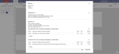 Vous ajoutez vos prestations (p. ex. étude de dossier) et la facture reprend automatiquement les positions tarifaires correspondantes, avec un contrôle visuel complet avant transmission.