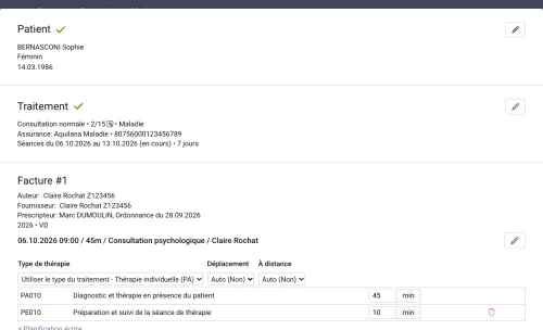 Vous ajoutez vos prestations (p. ex. étude de dossier) et la facture reprend automatiquement les positions tarifaires correspondantes, avec un contrôle visuel complet avant transmission.