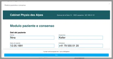 Crea moduli di consenso, questionari o contratti, poi inviameli tramite link sicuro. Una volta completati e firmati, vengono archiviati automaticamente nel cartella paziente.