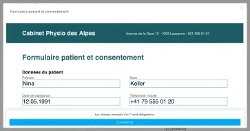 Créez des formulaires de consentement, questionnaires ou contrats, puis envoyez-les par lien sécurisé. Une fois complétés et signés, ils sont archivés automatiquement dans le dossier patient.