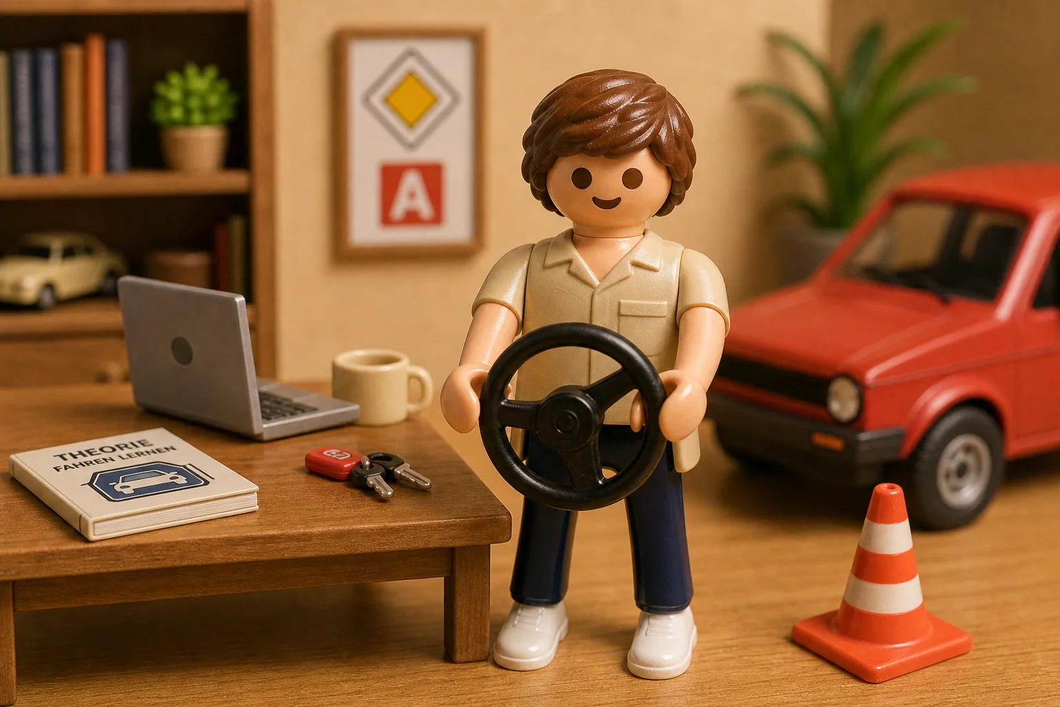 Illustration type figurines : bureau d'auto école avec volant, voiture et cône de signalisation
